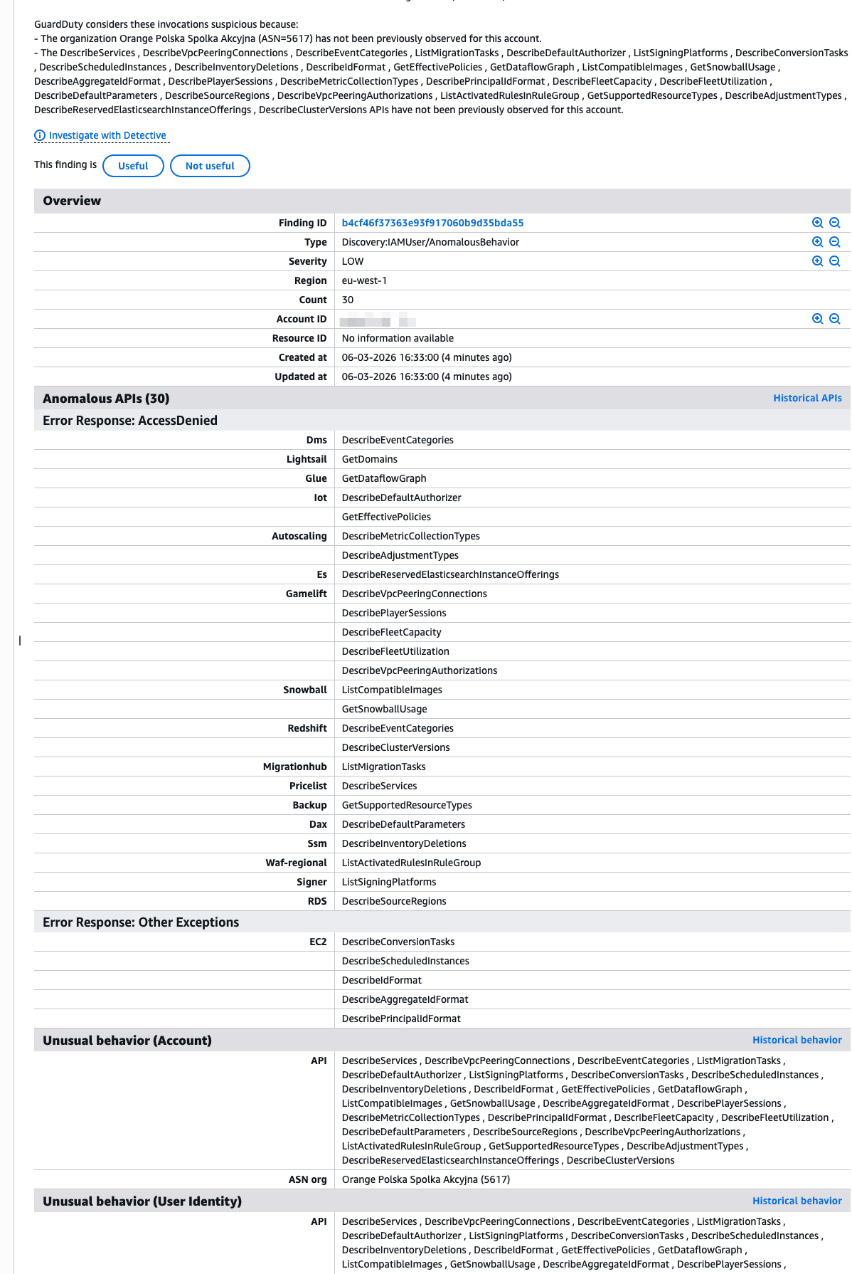 GuardDuty anomaly list showing AccessDenied for every API call made with the
leaked
credentials